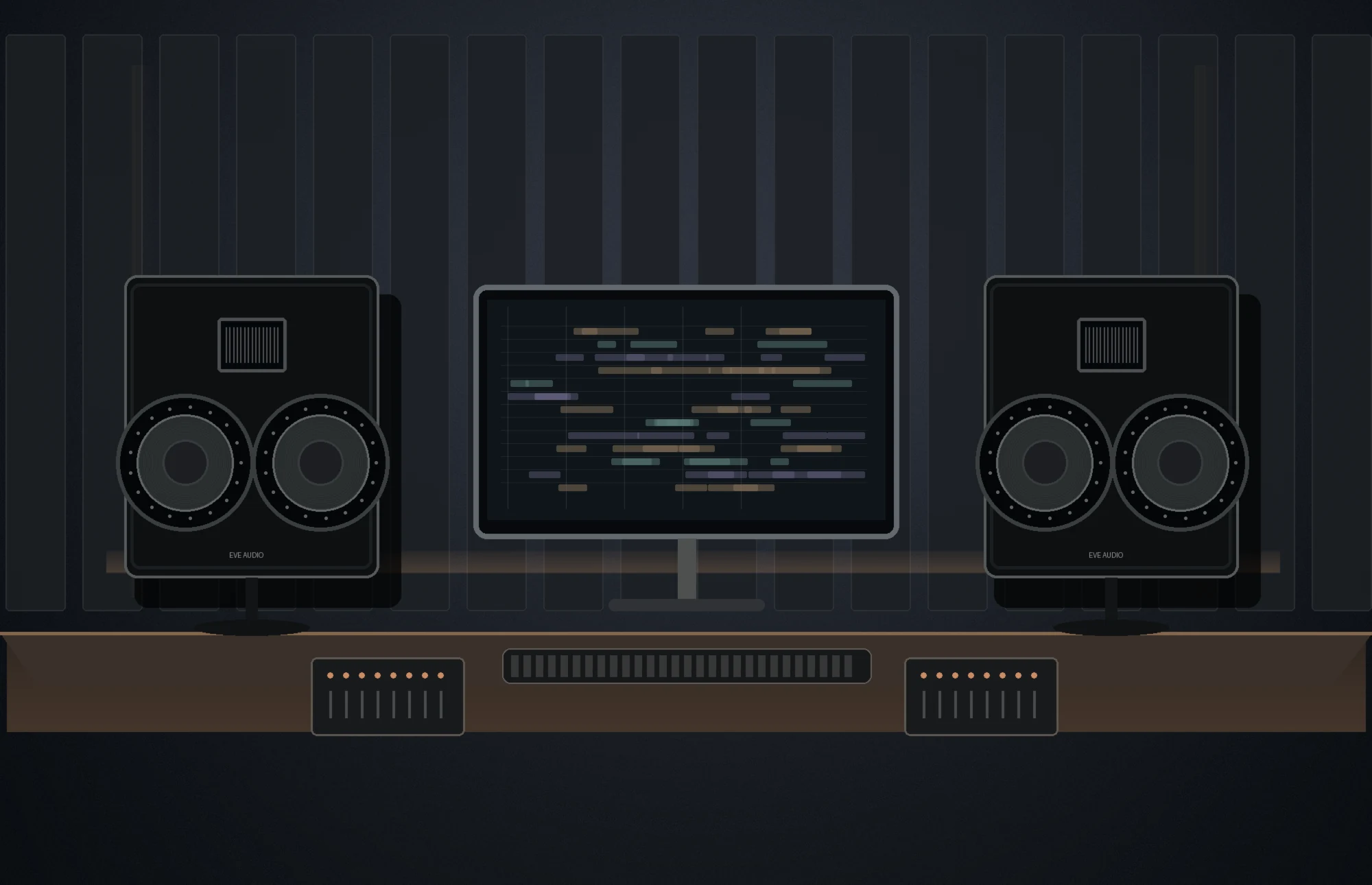 Artist's illustration of a professional dark home music studio featuring a pair of EVE Audio SC3070-inspired three-way monitors, an editing screen and acoustic treatments